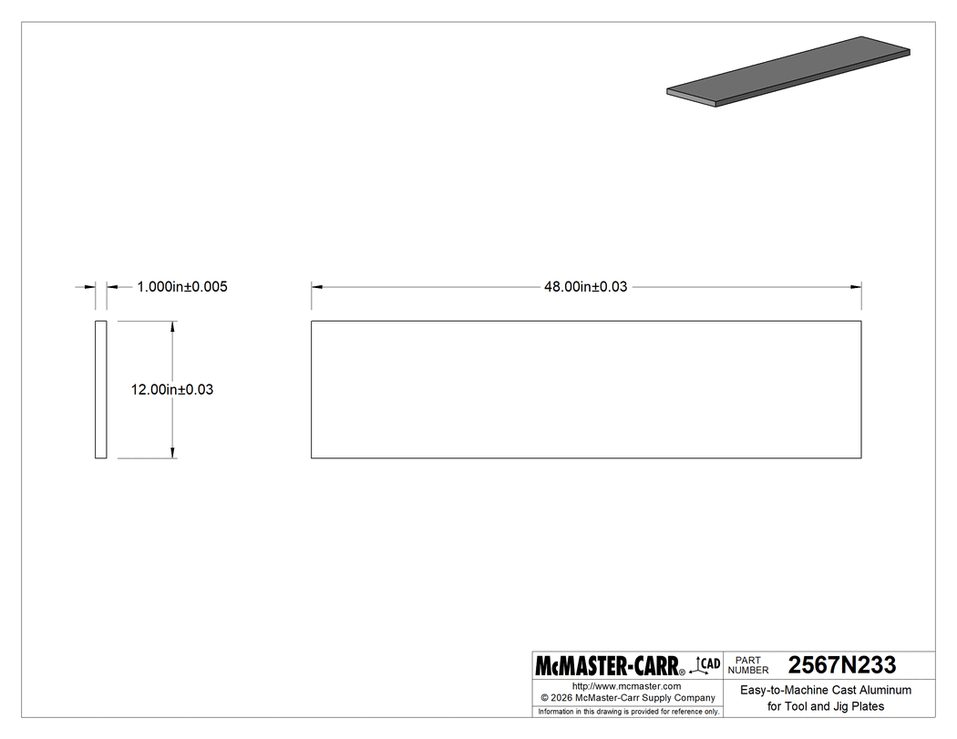 Technical Drawing of Easy-to-Machine Cast Aluminum for Tool&Jig Plates, 12" Wide x 48" Long x 1" Thick Sheet.